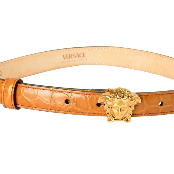 Versace Brown Croc Print 100% Leather Gold Medusa Head Skinny Belt US 22 IT 55 - Picture 1 of 5